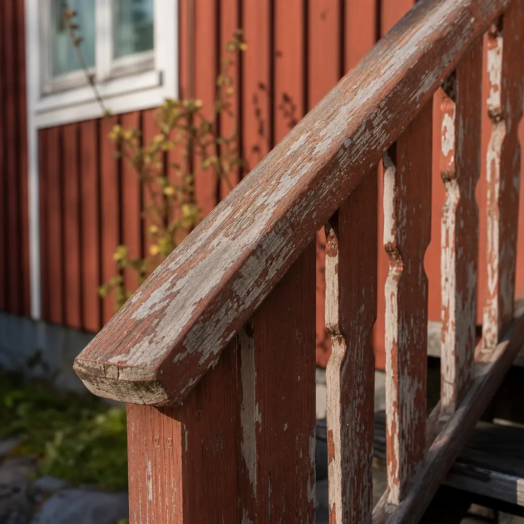 Slitet trä-trappräcke vid faluröd villafasad