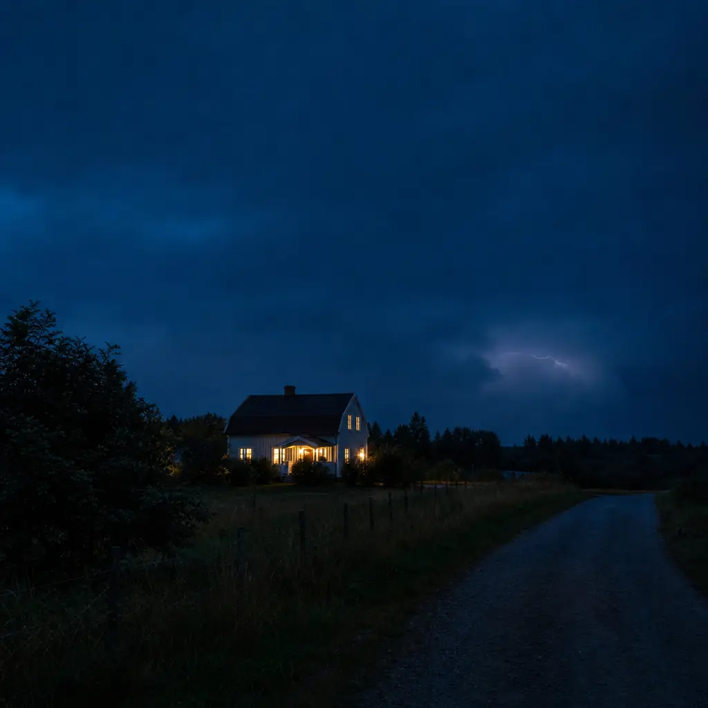 Svensk villakväll med blixt långt borta i molntäckt himmel