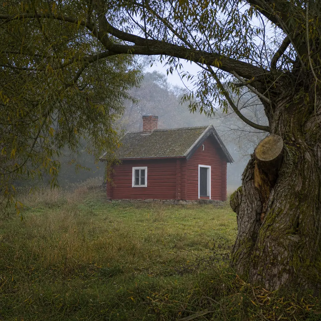 Liten faluröd sockenstuga i dimmigt landskap