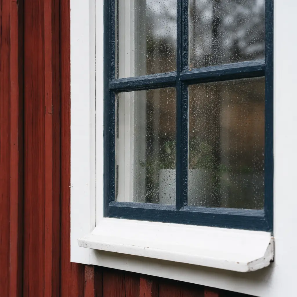 Spröjsat fönster med vit karm i faluröd fasad