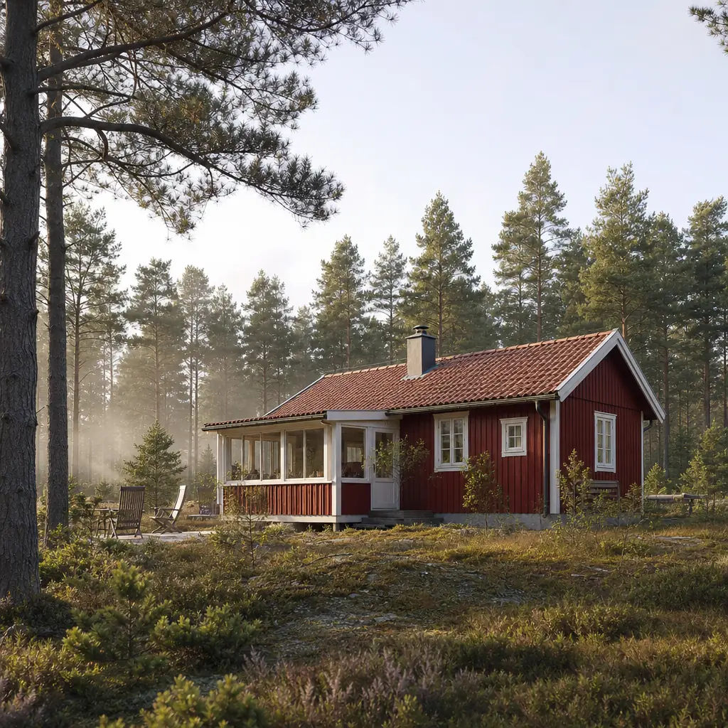 Faluröd fritidsstuga med tegeltak i gles svensk barrskog