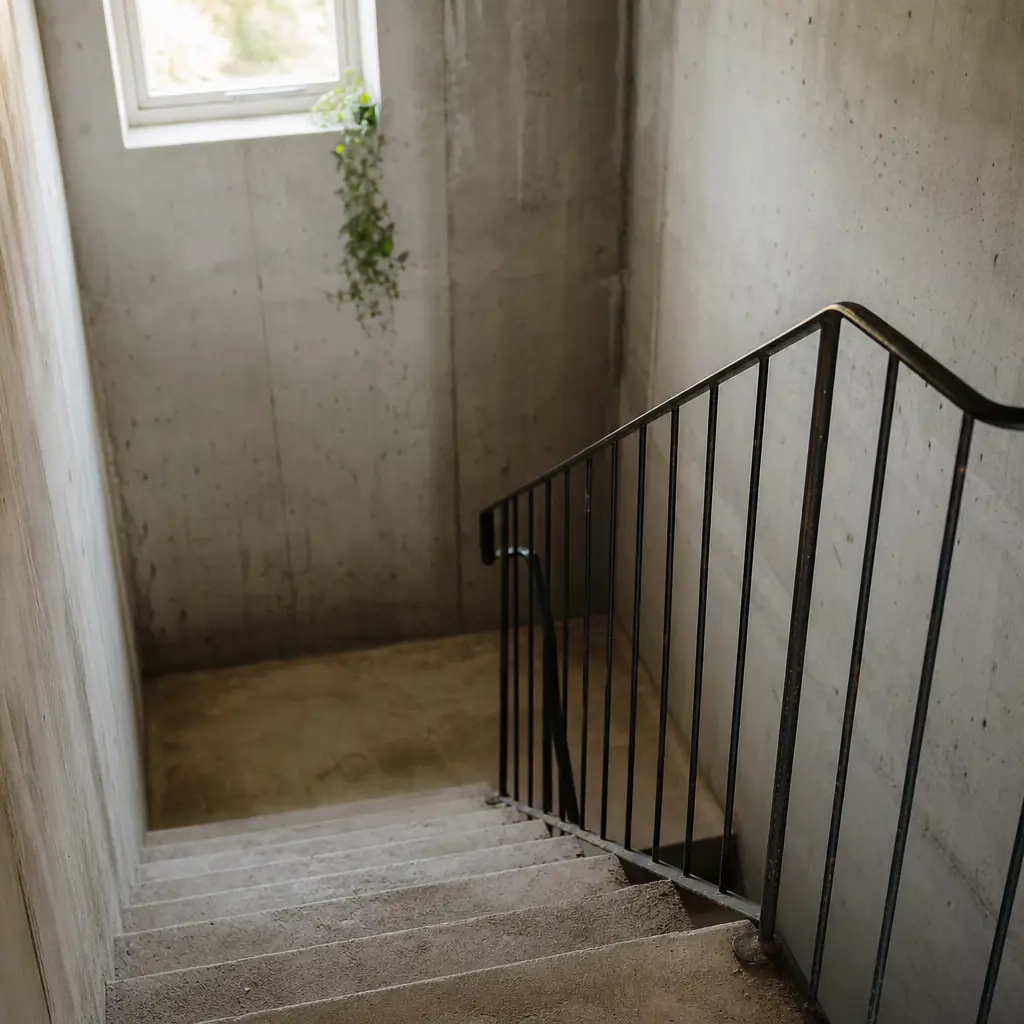 Betongkällartrappa med järnräcke i svensk villa