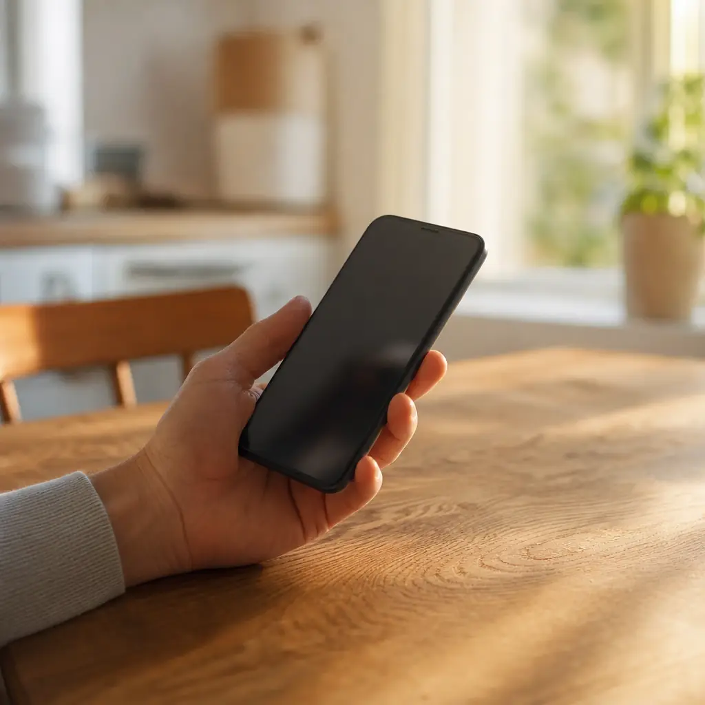 Hand med smartphone i lugn nordisk villainteriör