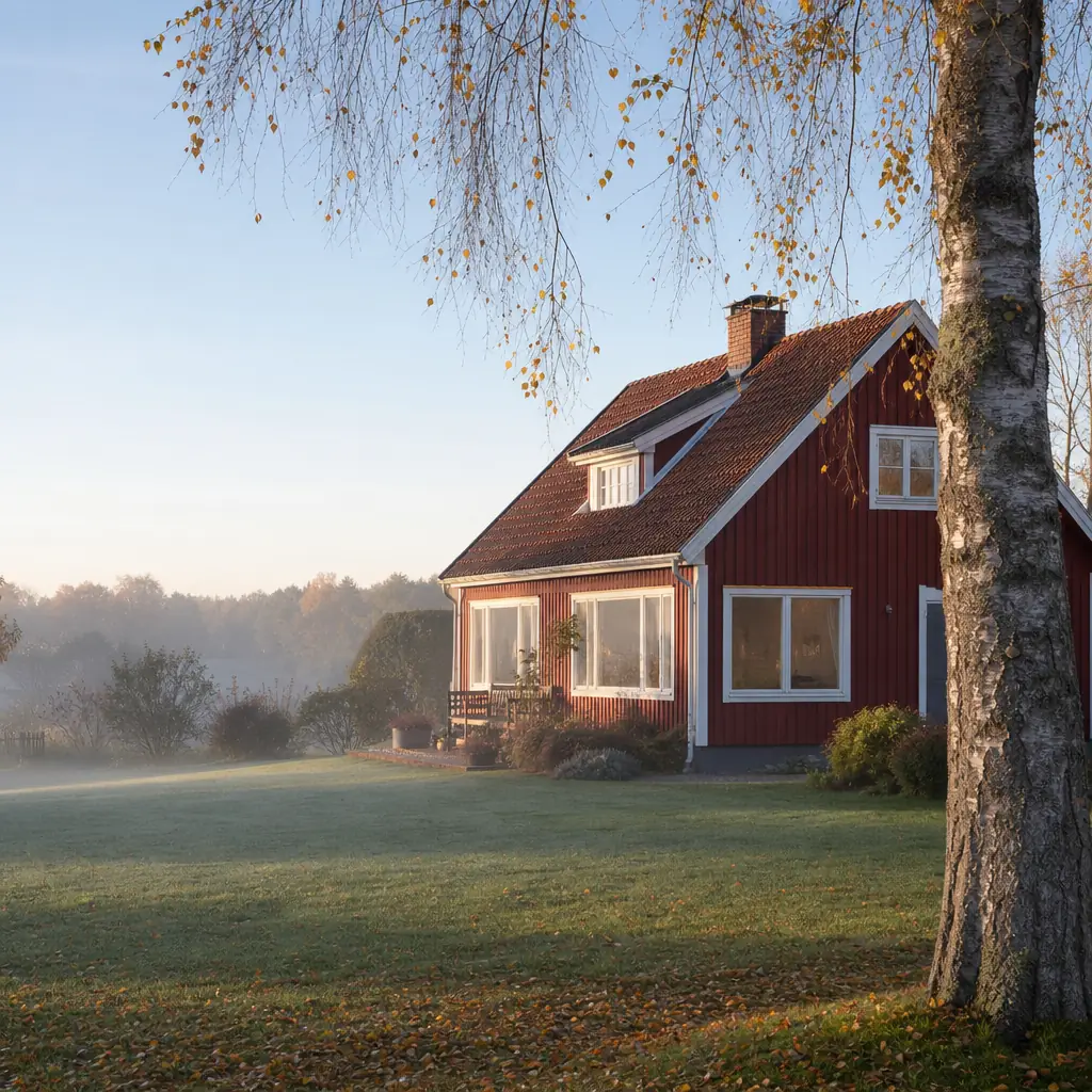 Svensk villa med tegelgrund och faluröd fasad i höstljus