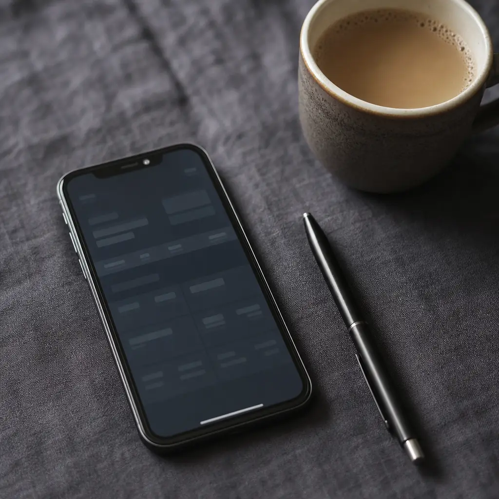 Smartphone på mörk linnetextil med kaffekopp