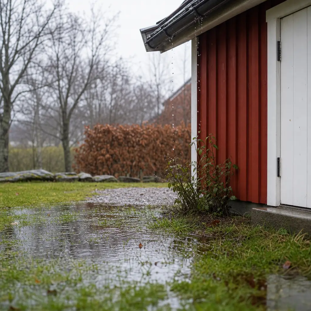 Vattenpöl på tomt vid faluröd bod efter skyfall