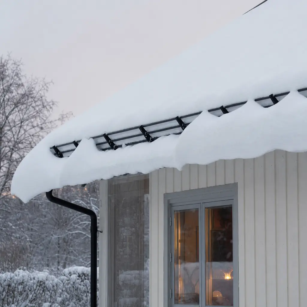 Snötäckt villatak med snöras-stoppare längs takfoten