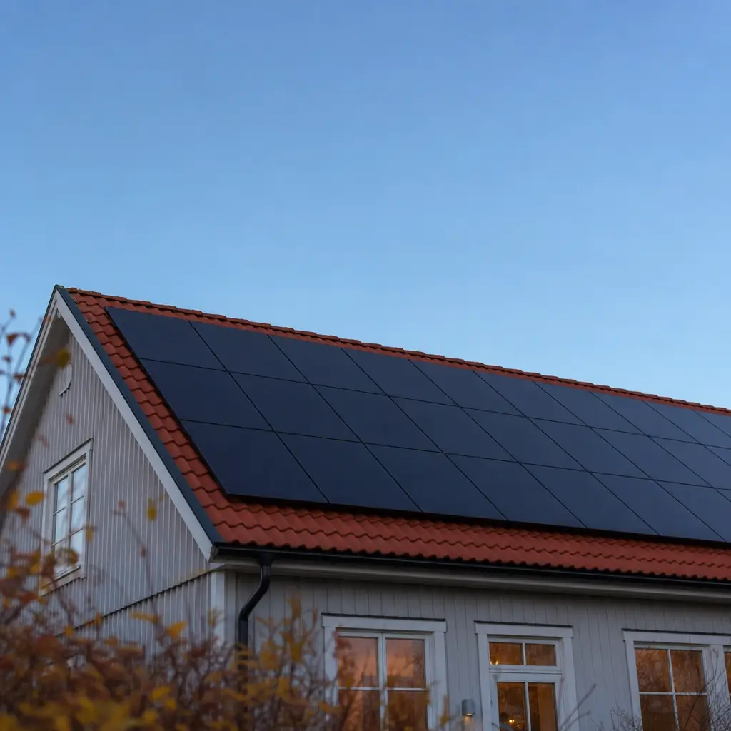 Mörka solpaneler jämt över röda tegelpannor på villatak