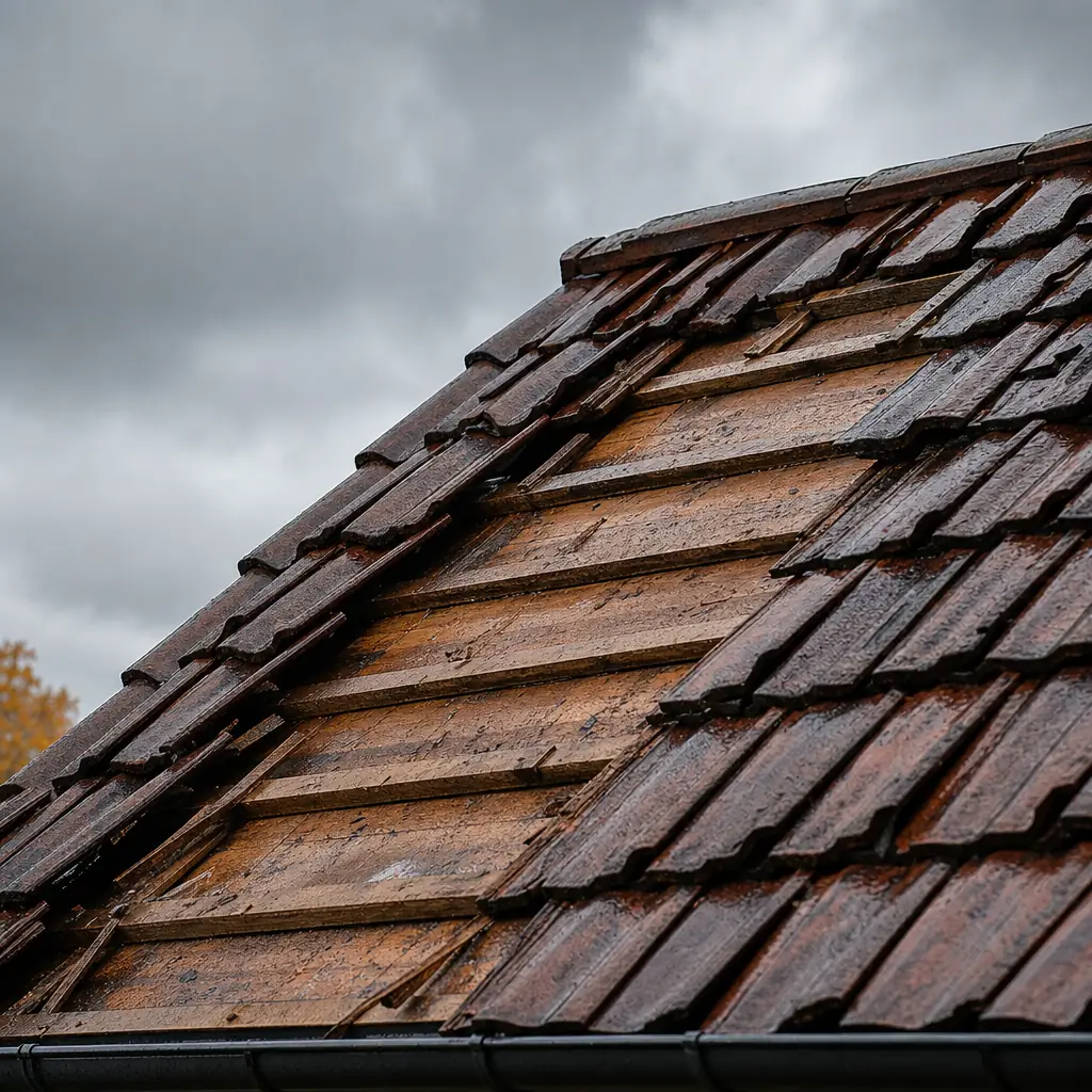 Tegeltak med några lossade pannor efter höststorm