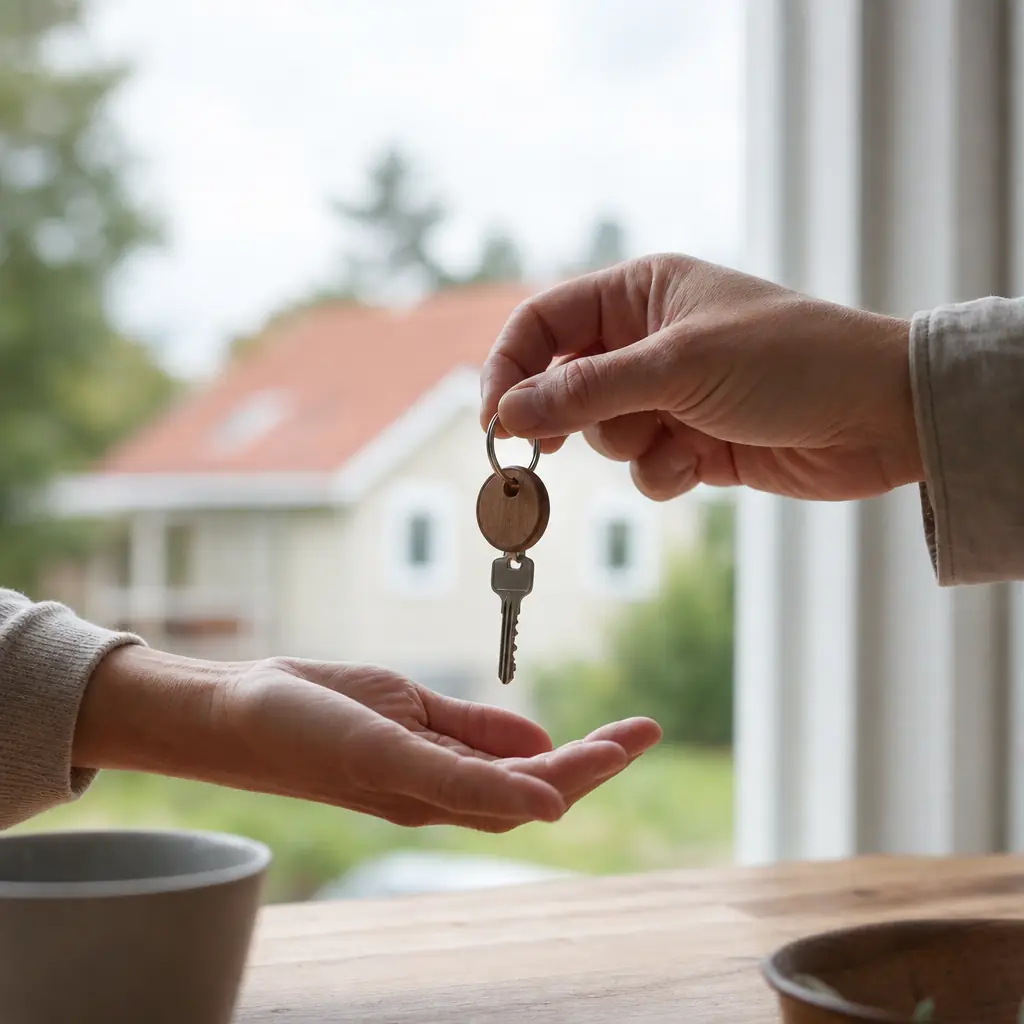 Hand som överlämnar bostadsnyckel på träring