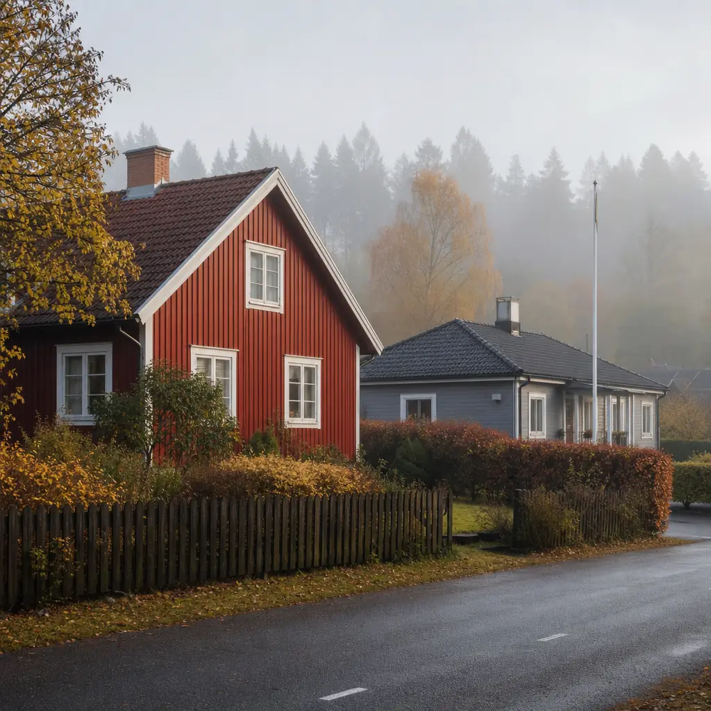 Två svenska villor sida vid sida i höstmorgondimma