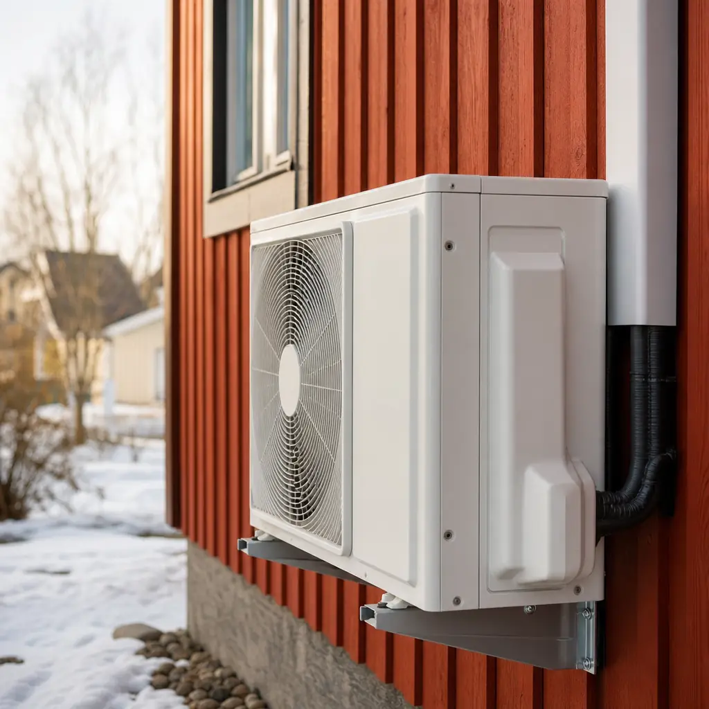 Generisk luftvärmepump på faluröd villafasad